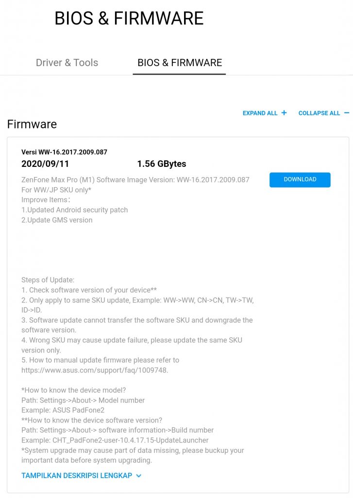 Tampilan Laman Update Asus Zenfone Max Pro M1.